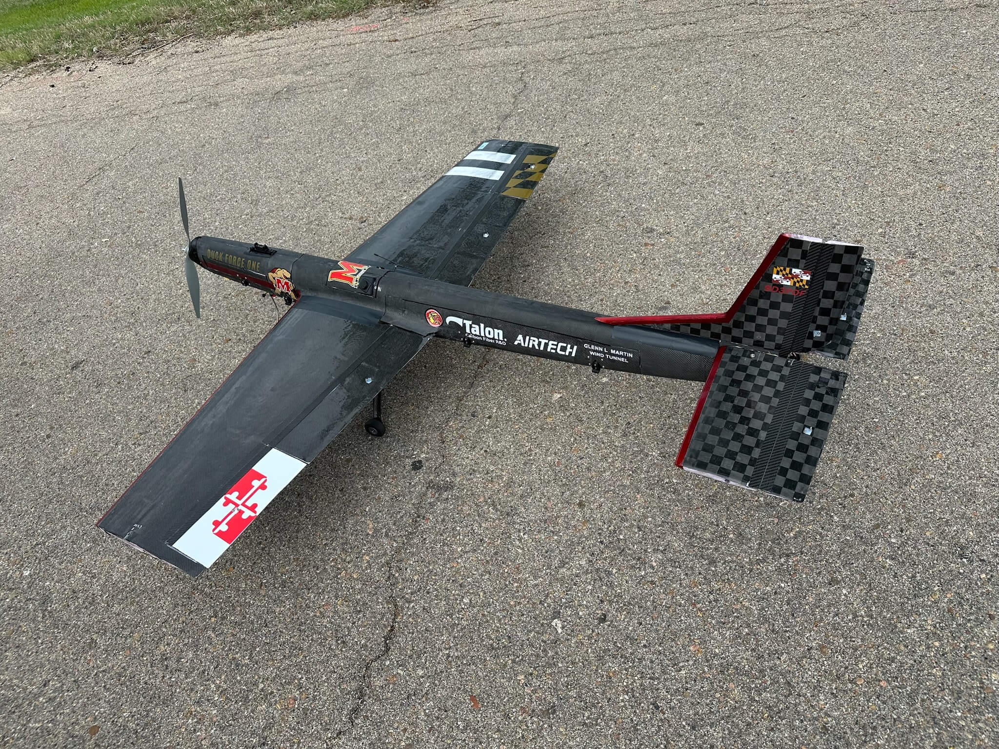 University of Maryland carbon fibre UAV on a runway, rear view